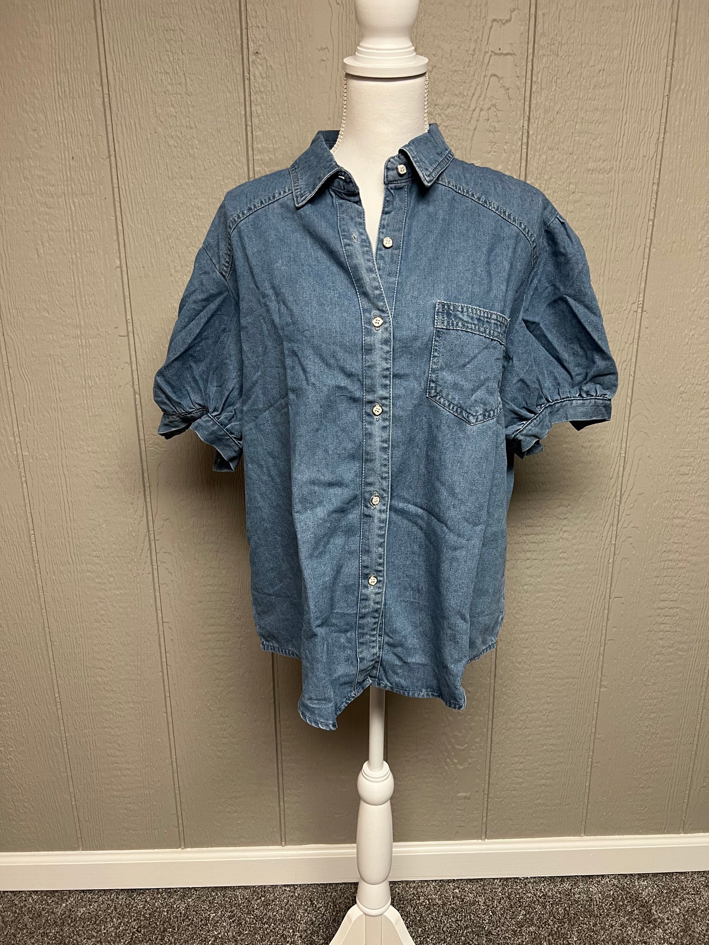 Women's Blue Jean Bubble Sleeve Blouse